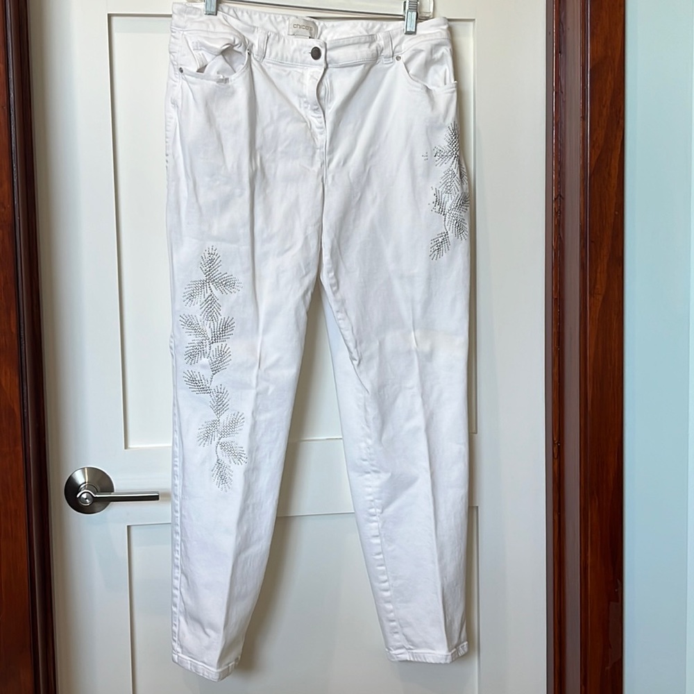 Chico’s size 1.5 embellished white jeans
